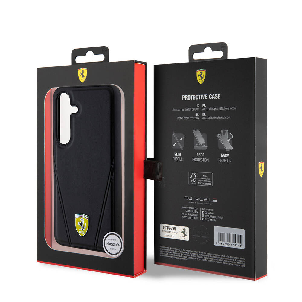 Galaxy S24 Case Ferrari Original Licensed M-Safe Charging Feature Hot Print V Striped Leather Cover Black