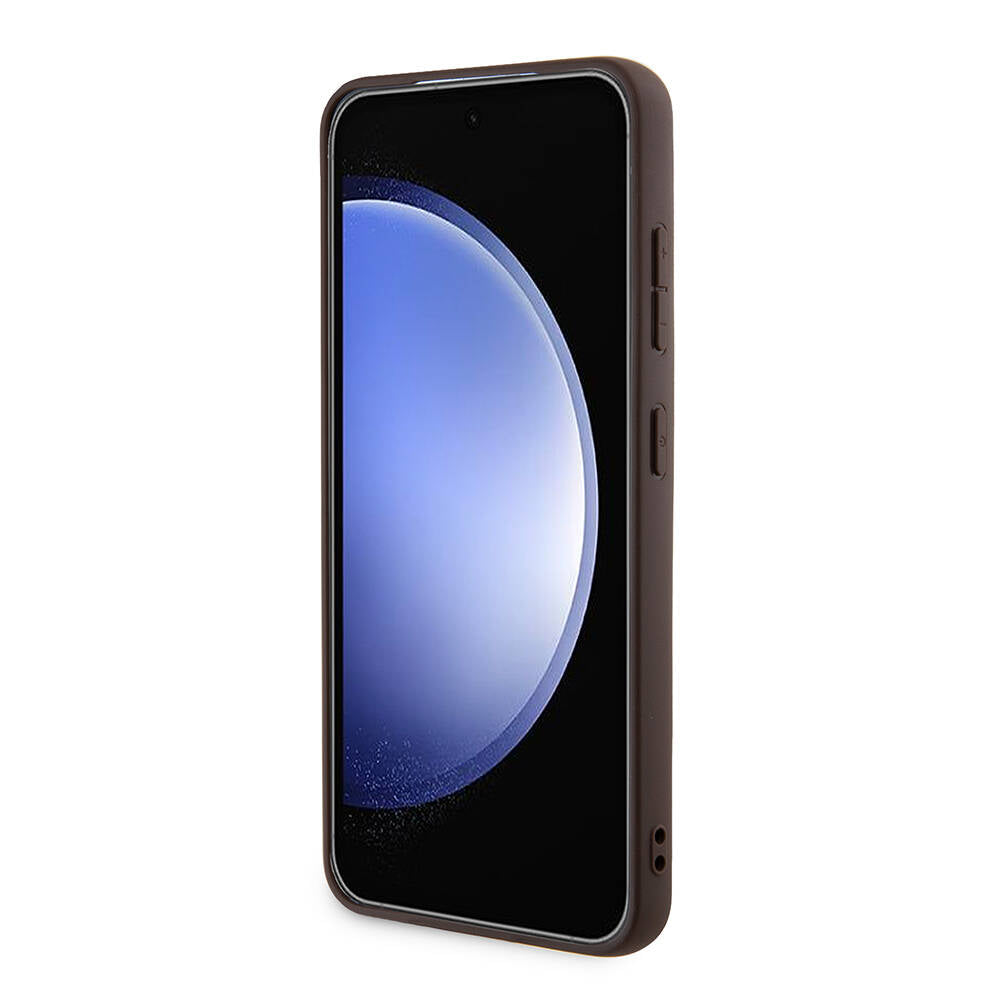 Galaxy S24 Case Guess Original Licensed PU Leather Stripe Logo Design Cover Brown