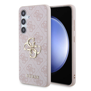 Galaxy S24 Kılıf Guess Orjinal Lisanslı PU Deri Yazı ve 4G Metal Logolu Desenli Kapak Pembe