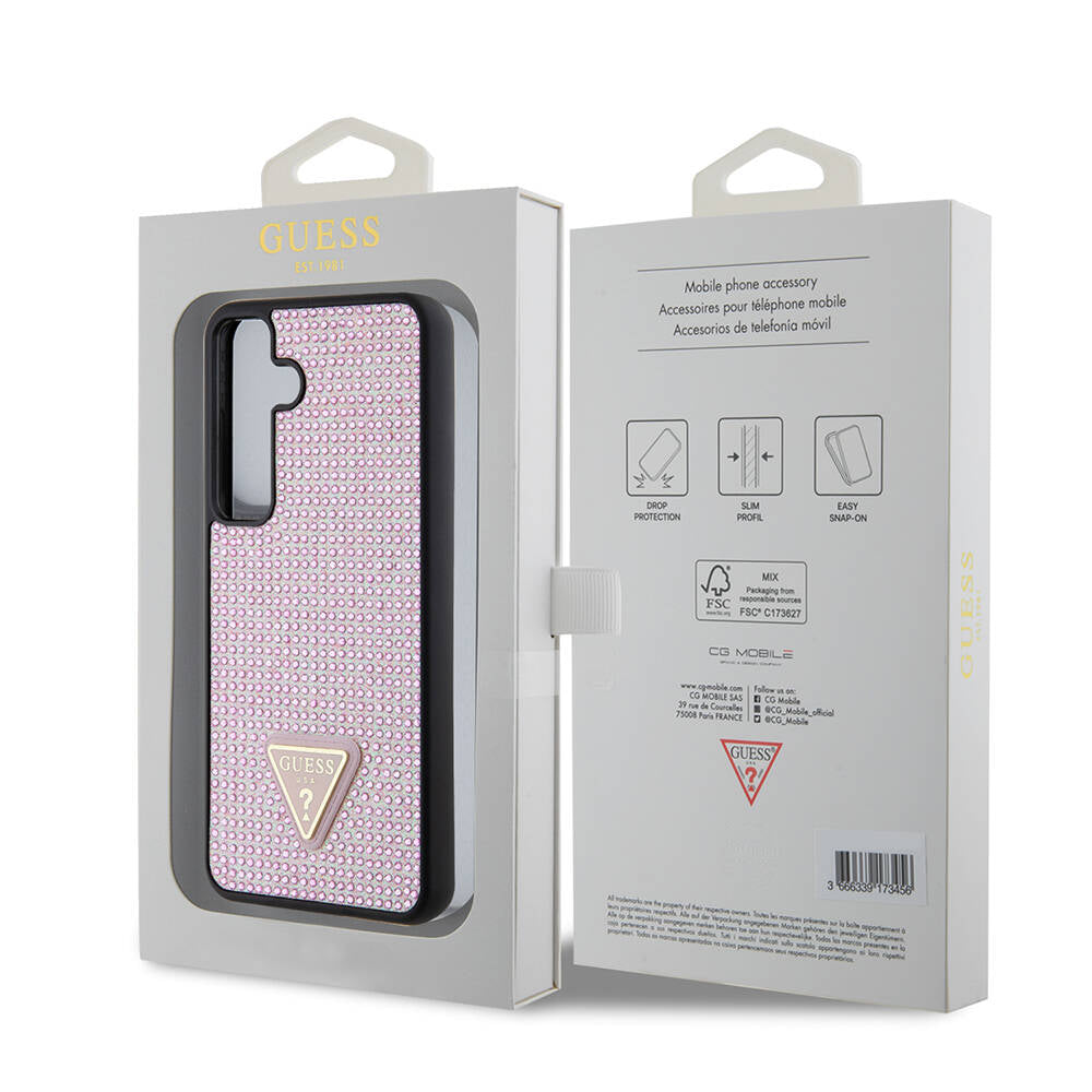 Galaxy S24 Case Guess Original Licensed Stone Back Surface Triangle Logo Cover Pink