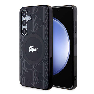 Galaxy S24 Kılıf Lacoste Orjinal Lisanslı M-safe Şarj Özellikli Çift Katmanlı Timsah Logolu Blend Monogram Kapak Siyah