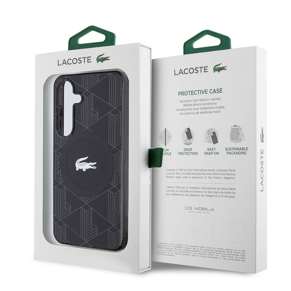 Galaxy S24 Case Lacoste Original Licensed M-Safe Charging Feature Dual Layer Crocodile Logo Blend Monogram Cover Black