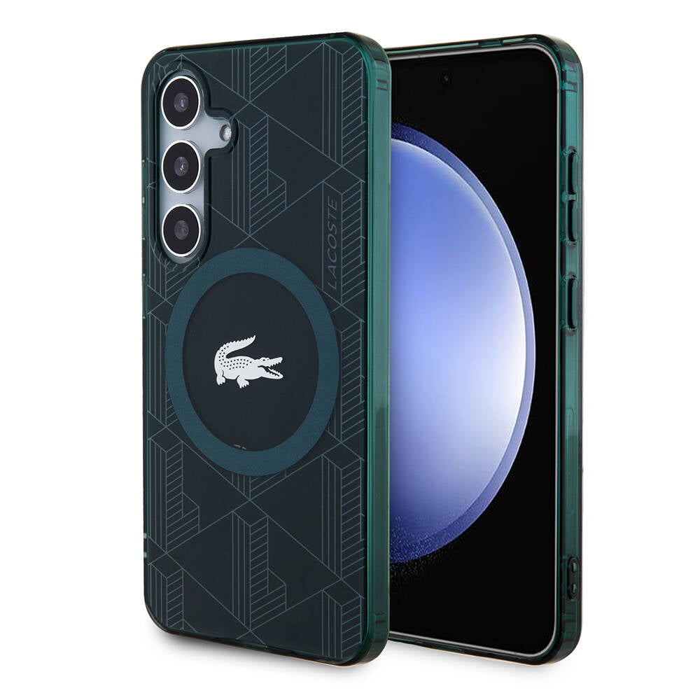 Galaxy S24 Case Lacoste Original Licensed M-Safe Charging Feature Dual Layer Crocodile Logo Blend Monogram Cover Black