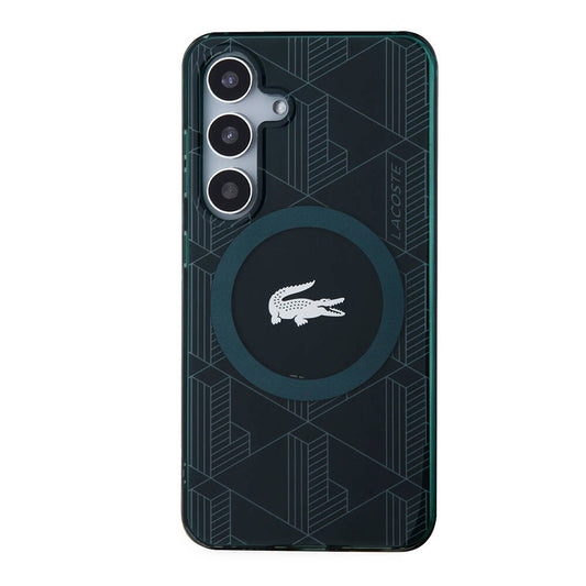 Galaxy S24 Kılıf Lacoste Orjinal Lisanslı M-safe Şarj Özellikli Çift Katmanlı Timsah Logolu Blend Monogram Kapak Petrol Yeşil