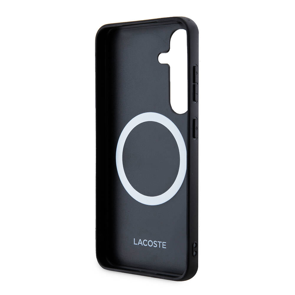 Galaxy S24 Case Lacoste Original Licensed M-Safe Charging Feature PU Leather Look Mixed Monogram Patterned Cover Black