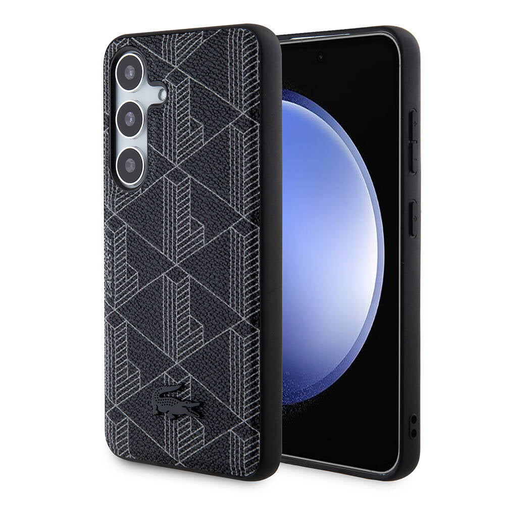 Galaxy S24 Case Lacoste Original Licensed M-Safe Charging Feature PU Leather Look Mixed Monogram Patterned Cover Black