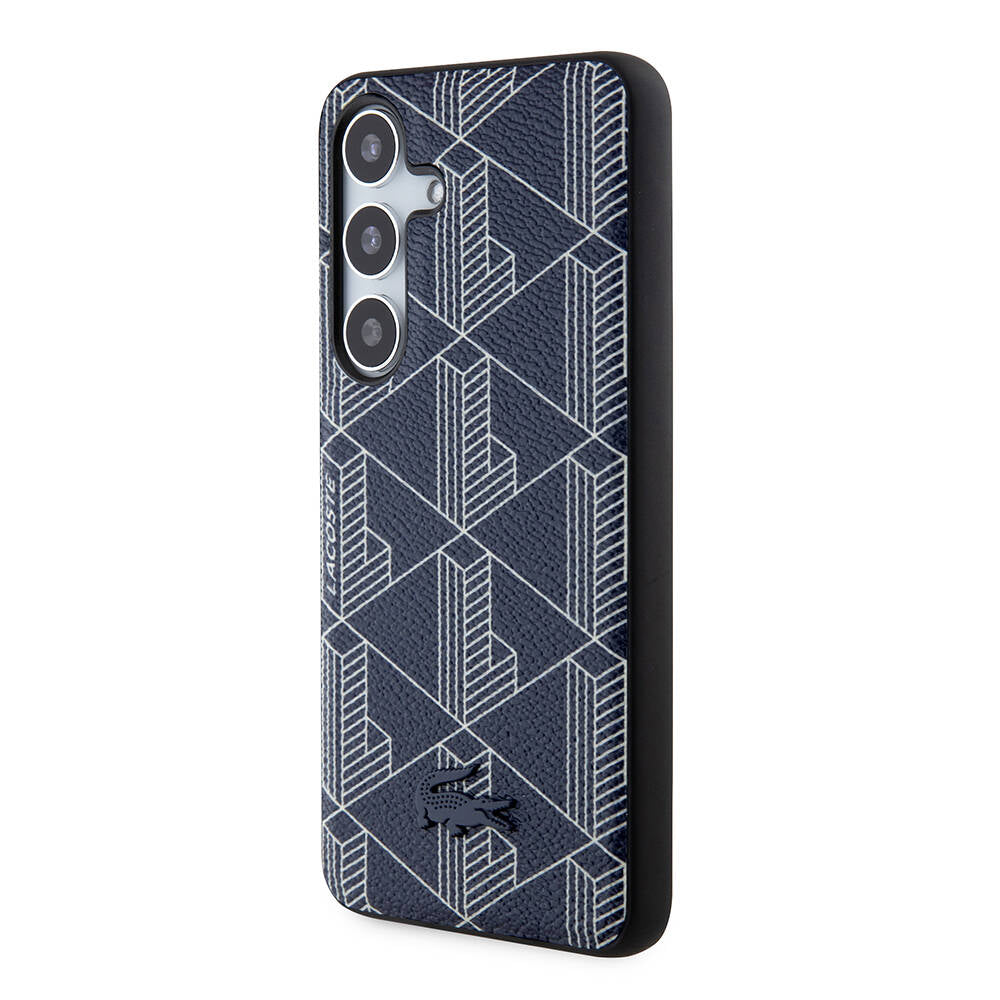 Galaxy S24 Case Lacoste Original Licensed M-Safe Charging Feature PU Leather Look Mixed Monogram Patterned Cover Black