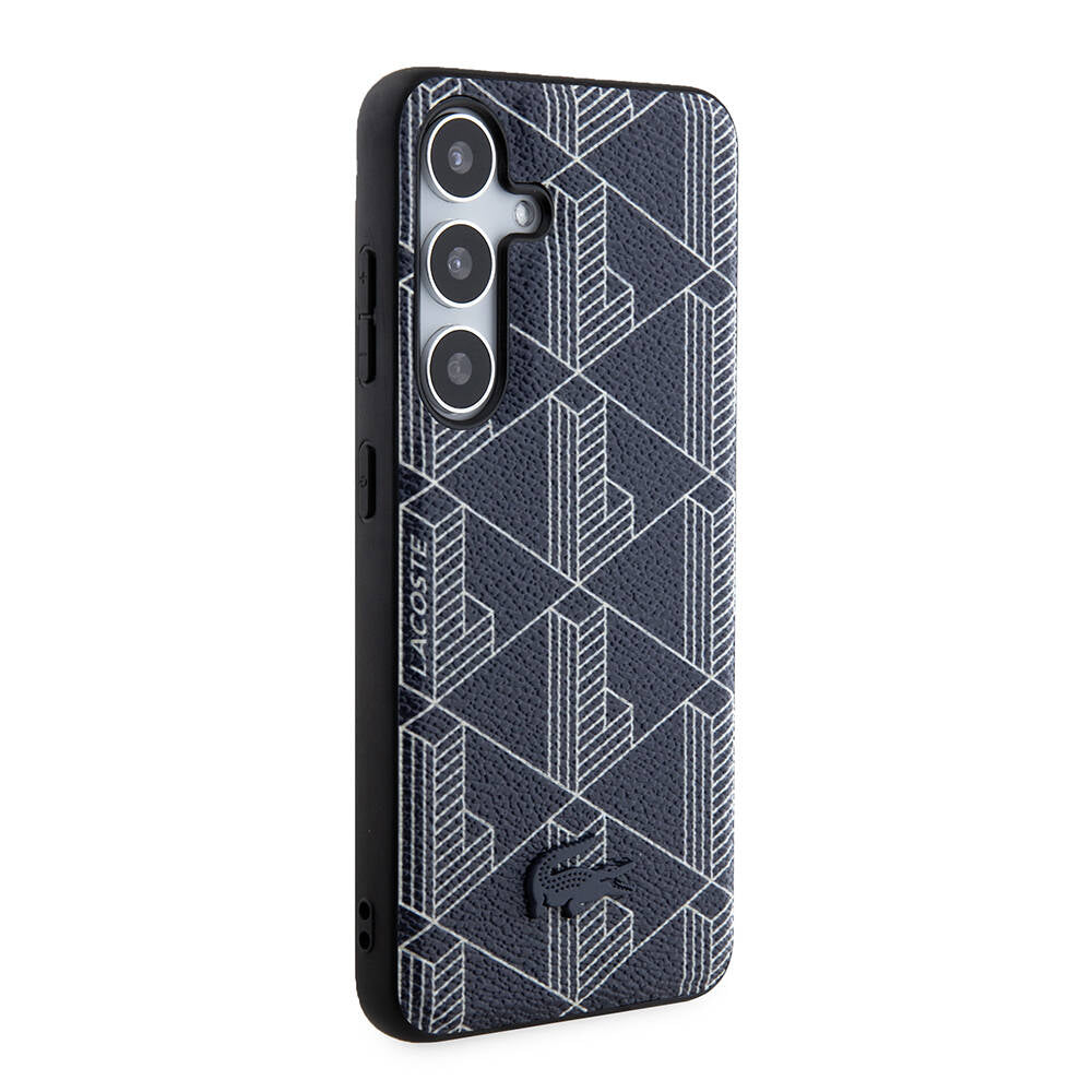 Galaxy S24 Case Lacoste Original Licensed M-Safe Charging Feature PU Leather Look Mixed Monogram Patterned Cover Black