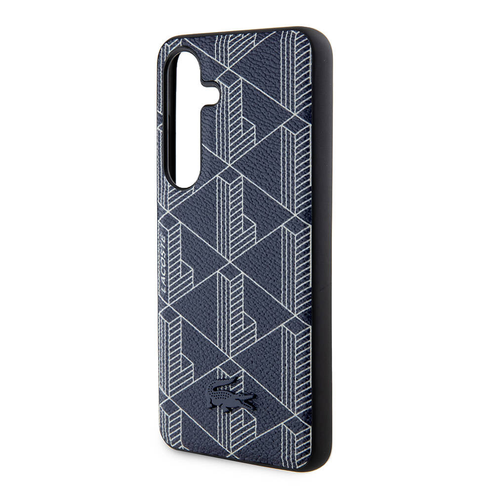 Galaxy S24 Kılıf Lacoste Orjinal Lisanslı M-safe Şarj Özellikli PU Deri Görünümlü Karışık Monogram Desenli Kapak Lacivert