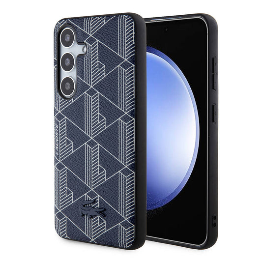 Galaxy S24 Kılıf Lacoste Orjinal Lisanslı M-safe Şarj Özellikli PU Deri Görünümlü Karışık Monogram Desenli Kapak Lacivert