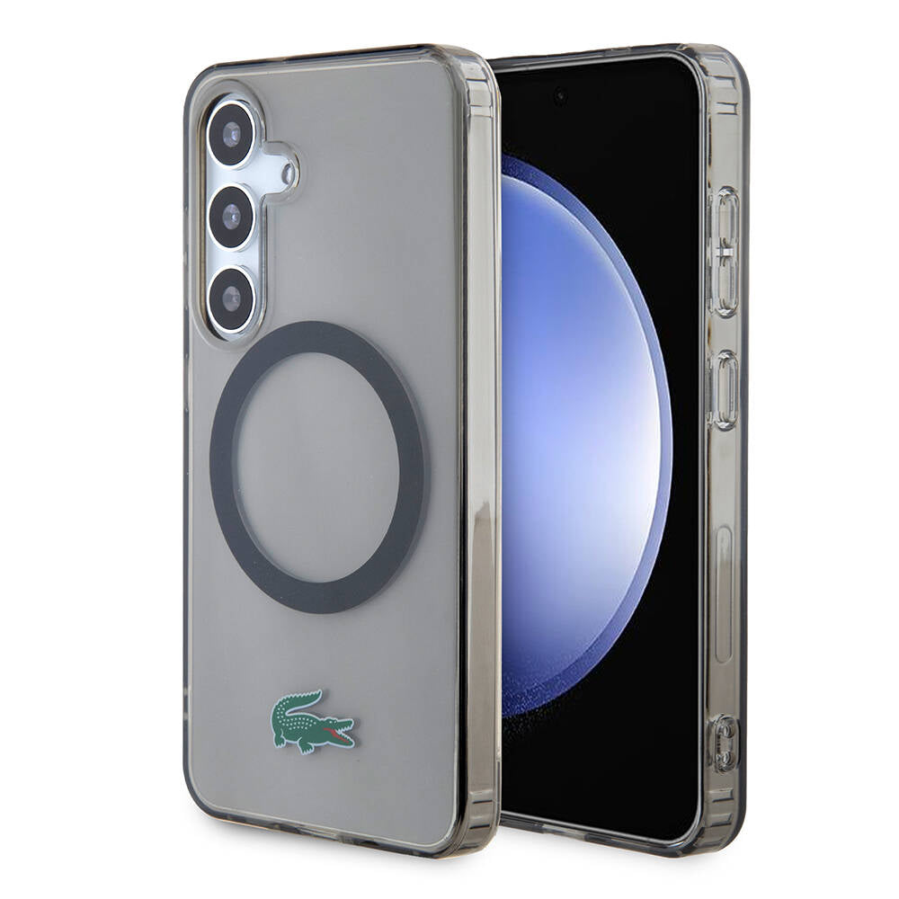 Galaxy S24 Case Lacoste Original Licensed M-safe Charging Transparent Crocodile Logo Printed Cover Black
