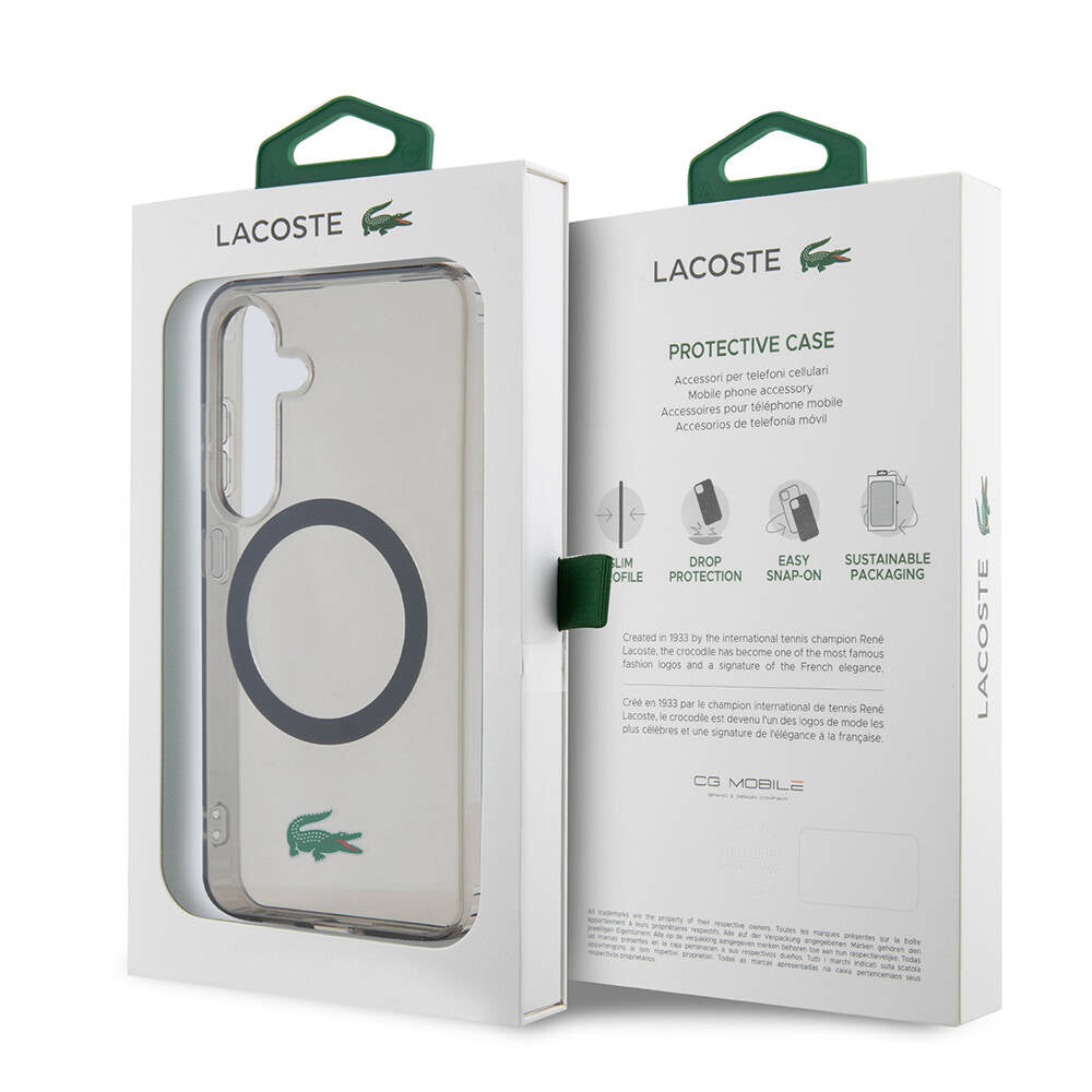Galaxy S24 Case Lacoste Original Licensed M-safe Charging Transparent Crocodile Logo Printed Cover Black