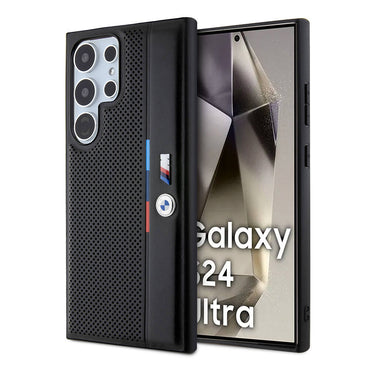 Galaxy S24 Ultra Kılıf BMW Orjinal Lisanslı M Logolu Üç Renk Çizgili Delikli Detail Line Kapak Siyah