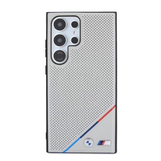 Galaxy S24 Ultra Kılıf BMW Orjinal Lisanslı M-safe Şarj Özellikli M Logolu Üç Çizgili Delikli Deri Kapak