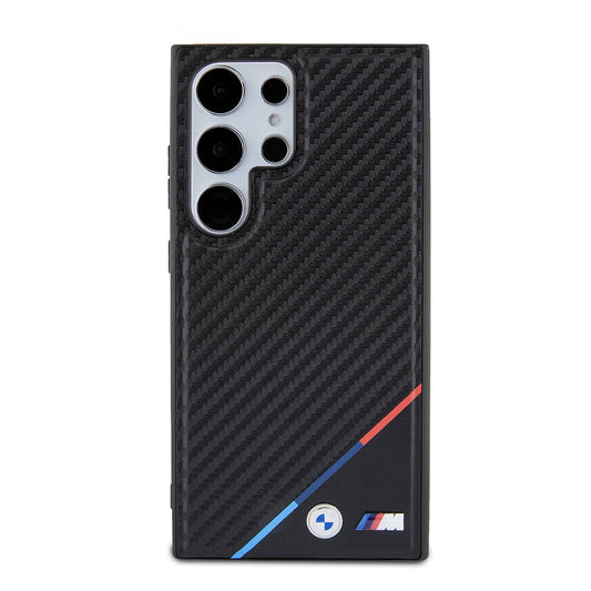 Galaxy S24 Ultra Kılıf BMW Orjinal Lisanslı M-safe Şarj Özellikli M Logolu Üç Çizgili PU Karbon Kapak