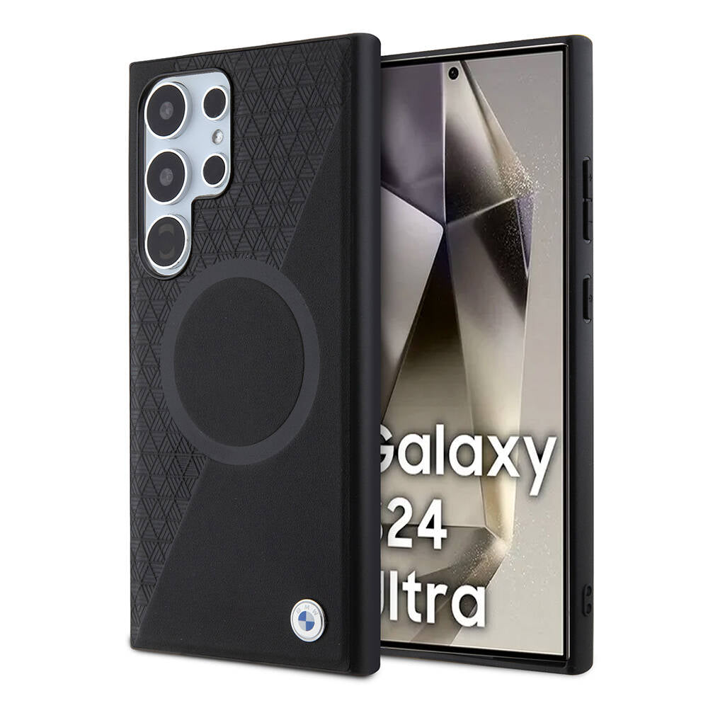 Galaxy S24 Ultra Case BMW Original Licensed M-safe Charging Feature Semi-Textured Circle Leather Cover Black