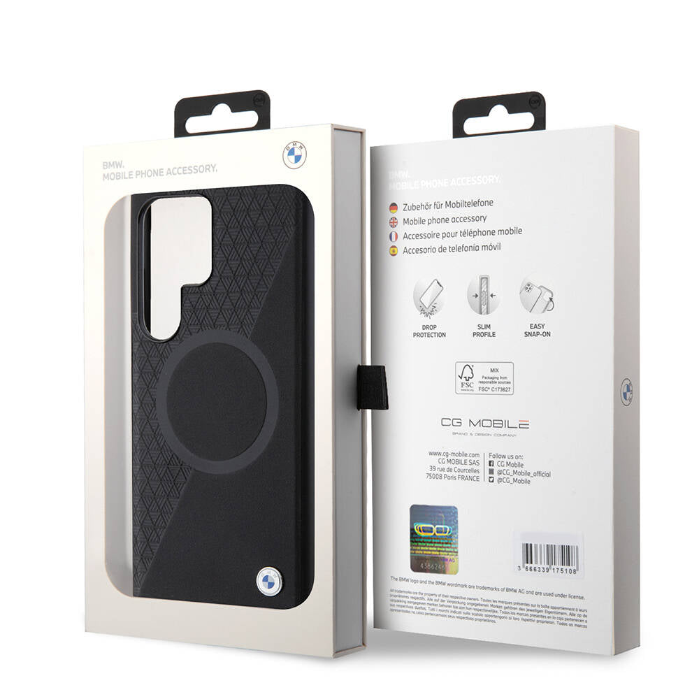 Galaxy S24 Ultra Case BMW Original Licensed M-safe Charging Feature Semi-Textured Circle Leather Cover Black
