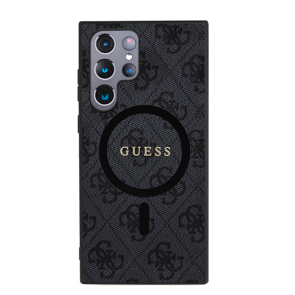 Galaxy S24 Ultra Case Guess Original Licensed M-safe Charging Feature PU Ring 4G Patterned Text Logo Cover Black