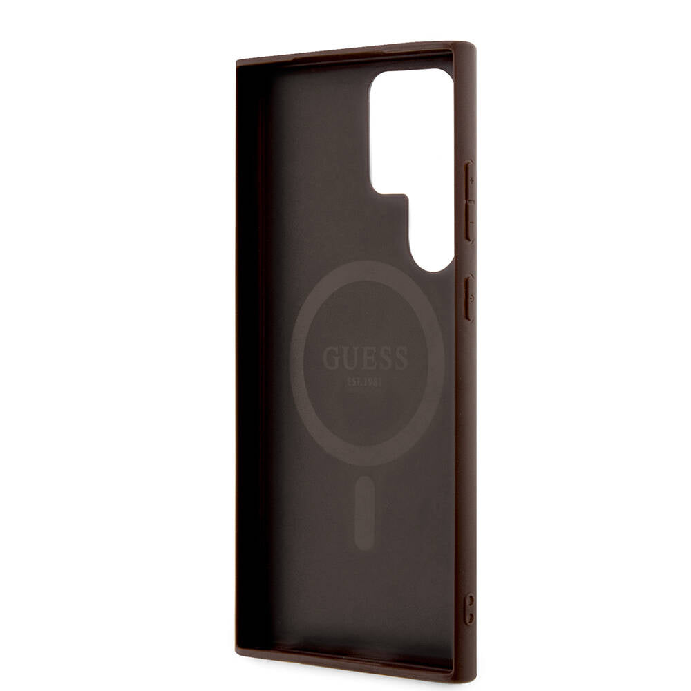 Galaxy S24 Ultra Case Guess Original Licensed M-safe Charging Feature PU Ring 4G Patterned Text Logo Cover Black