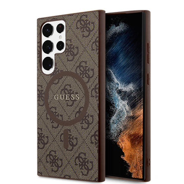 Galaxy S24 Ultra Kılıf Guess Orjinal Lisanslı M-safe Şarj Özellikli PU Halkalı 4G Desenli Yazı Logolu Kapak