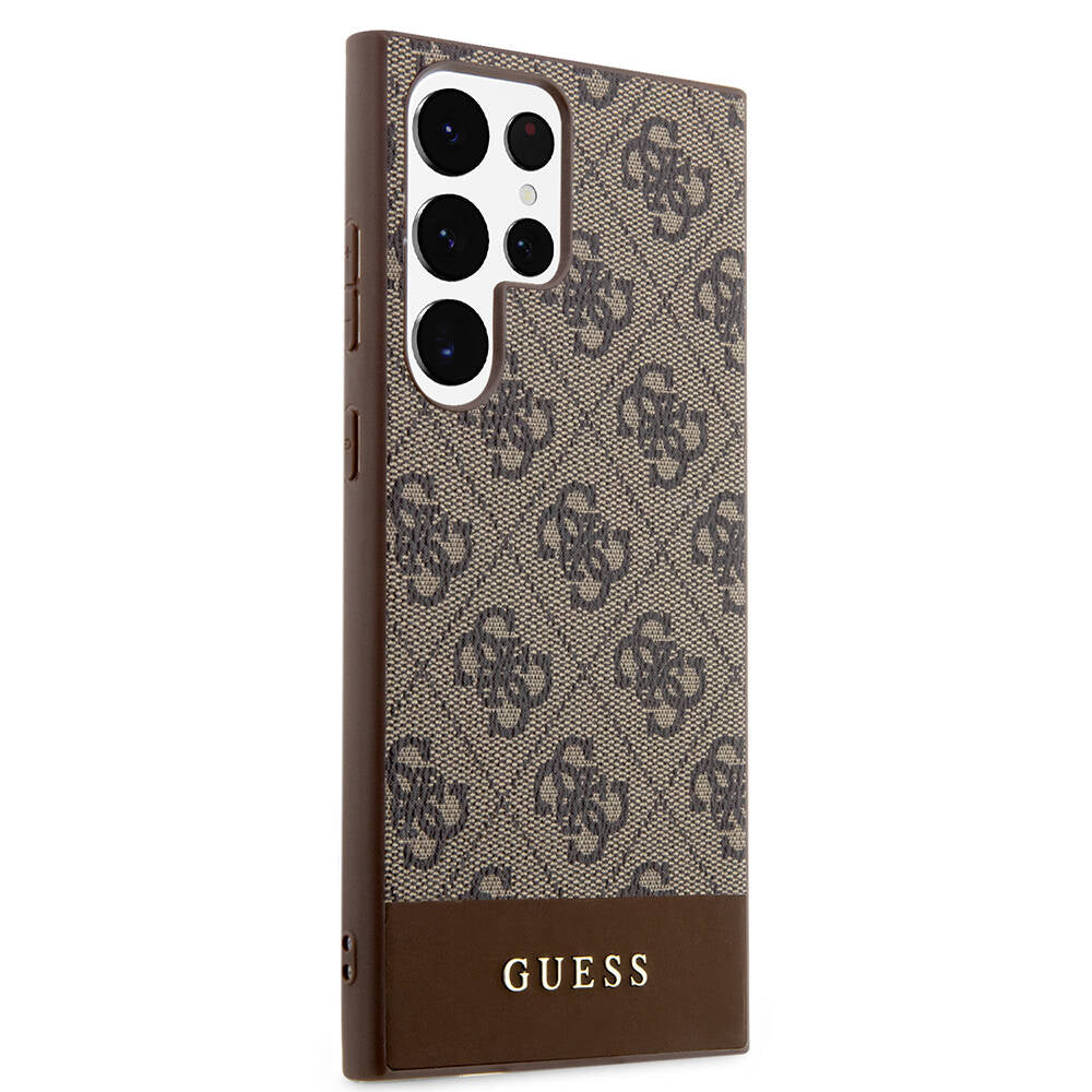 Galaxy S24 Ultra Case Guess Original Licensed PU Leather Stripe Logo Design Cover Brown