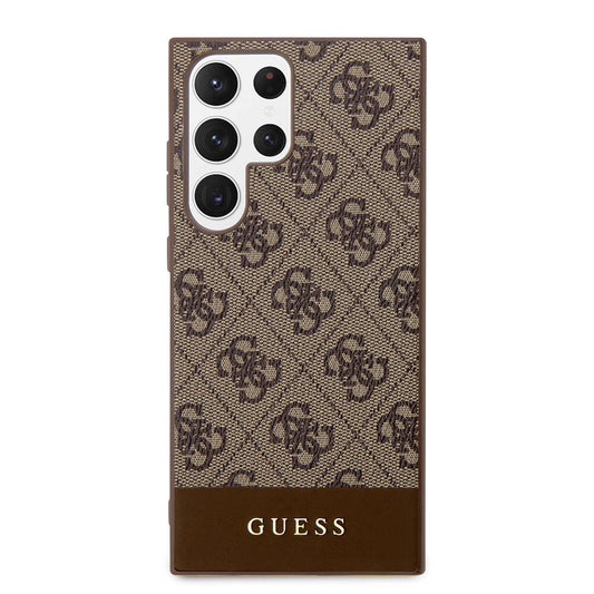 Galaxy S24 Ultra Kılıf Guess Orjinal Lisanslı PU Deri Şerit Logo Dizaynlı Kapak Kahverengi