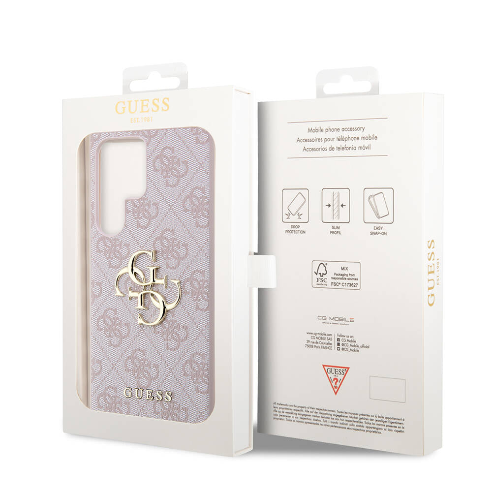 Galaxy S24 Ultra Case Guess Original Licensed PU Leather Cover with Text and 4G Metal Logo Pattern Pink