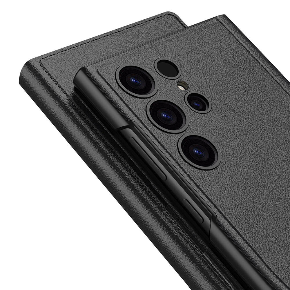 Galaxy S24 Ultra Case Camera Protection Faux Leather Design Zore Droga Stand Card Holder Cover Case Titanium-Gray
