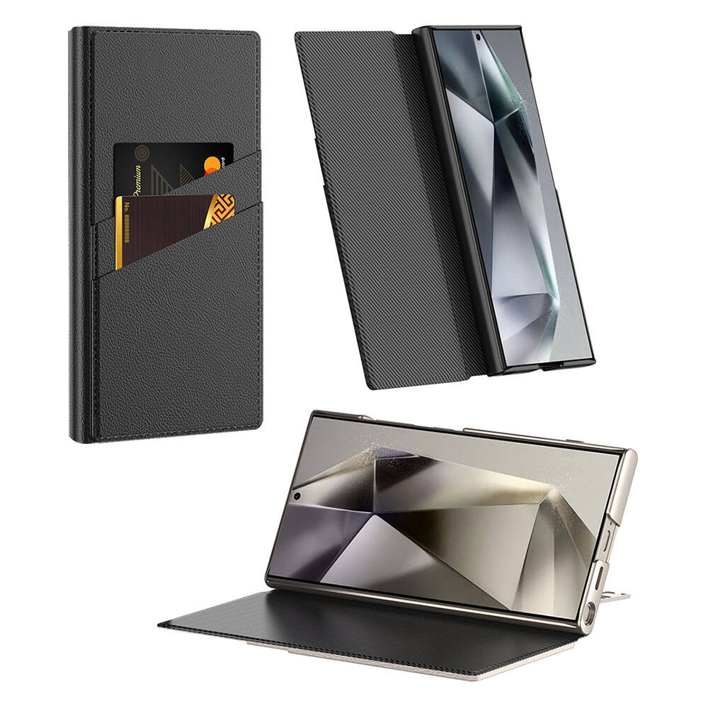 Galaxy S24 Ultra Case Camera Protection Faux Leather Design Zore Droga Stand Card Holder Cover Case Titanium-Gray