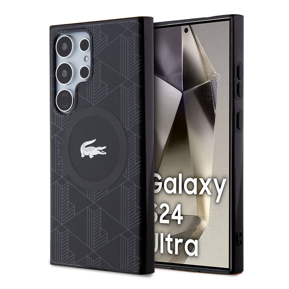 Galaxy S24 Ultra Case Lacoste Original Licensed M-Safe Charging Feature Dual Layer Crocodile Logo Blend Monogram Cover Black
