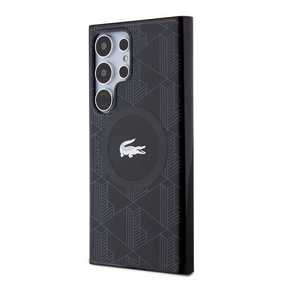 Galaxy S24 Ultra Case Lacoste Original Licensed M-Safe Charging Feature Dual Layer Crocodile Logo Blend Monogram Cover Black