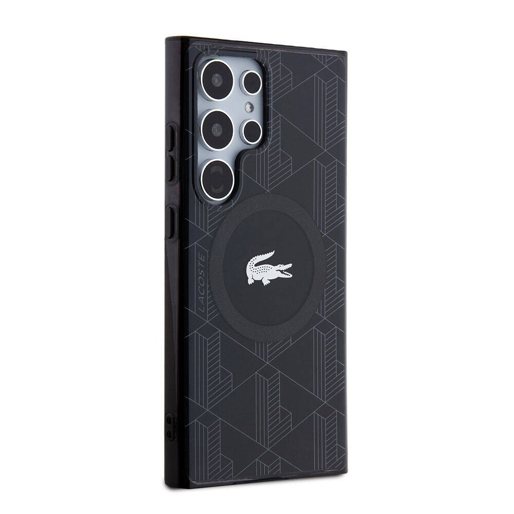 Galaxy S24 Ultra Case Lacoste Original Licensed M-Safe Charging Feature Dual Layer Crocodile Logo Blend Monogram Cover Black