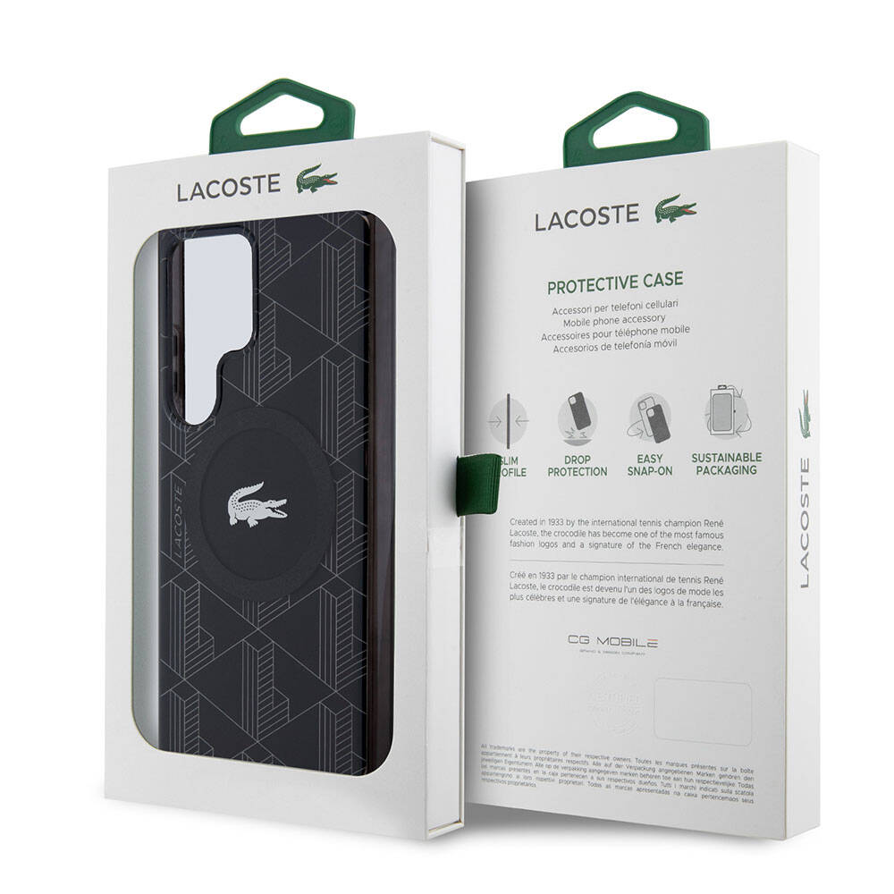 Galaxy S24 Ultra Case Lacoste Original Licensed M-Safe Charging Feature Dual Layer Crocodile Logo Blend Monogram Cover Black