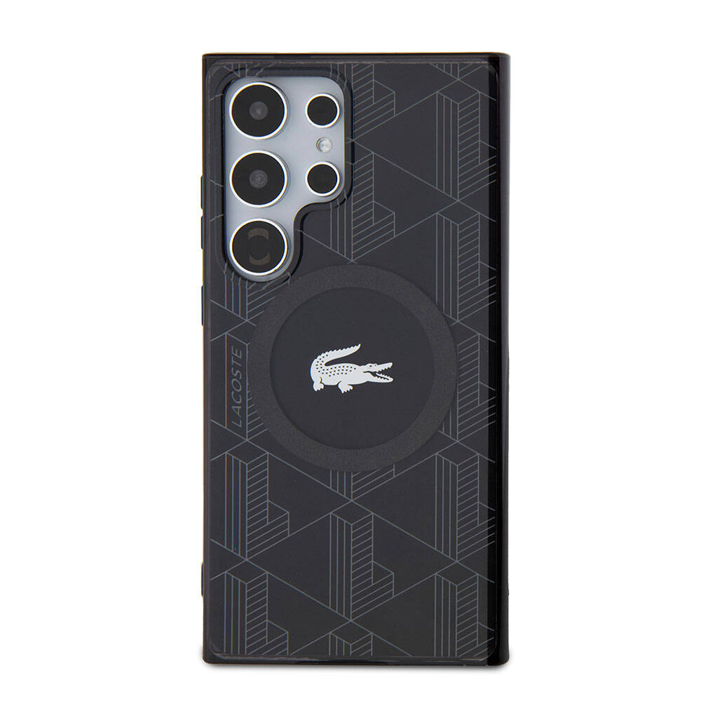 Galaxy S24 Ultra Case Lacoste Original Licensed M-Safe Charging Feature Dual Layer Crocodile Logo Blend Monogram Cover Black