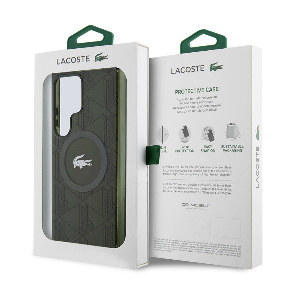 Galaxy S24 Ultra Case Lacoste Original Licensed M-Safe Charging Feature Dual Layer Crocodile Logo Blend Monogram Cover Black