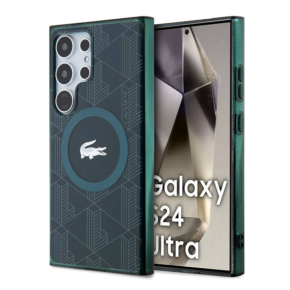 Galaxy S24 Ultra Case Lacoste Original Licensed M-Safe Charging Feature Dual Layer Crocodile Logo Blend Monogram Cover Petrol Green
