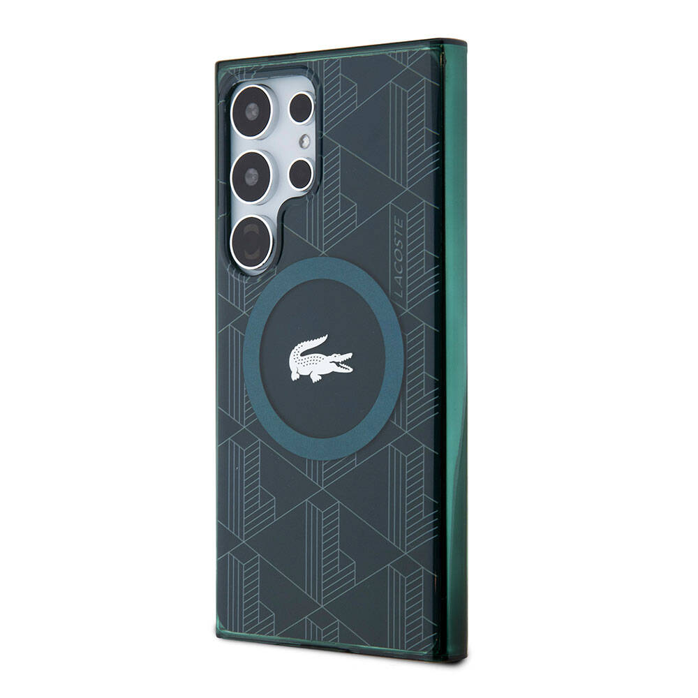 Galaxy S24 Ultra Case Lacoste Original Licensed M-Safe Charging Feature Dual Layer Crocodile Logo Blend Monogram Cover Black