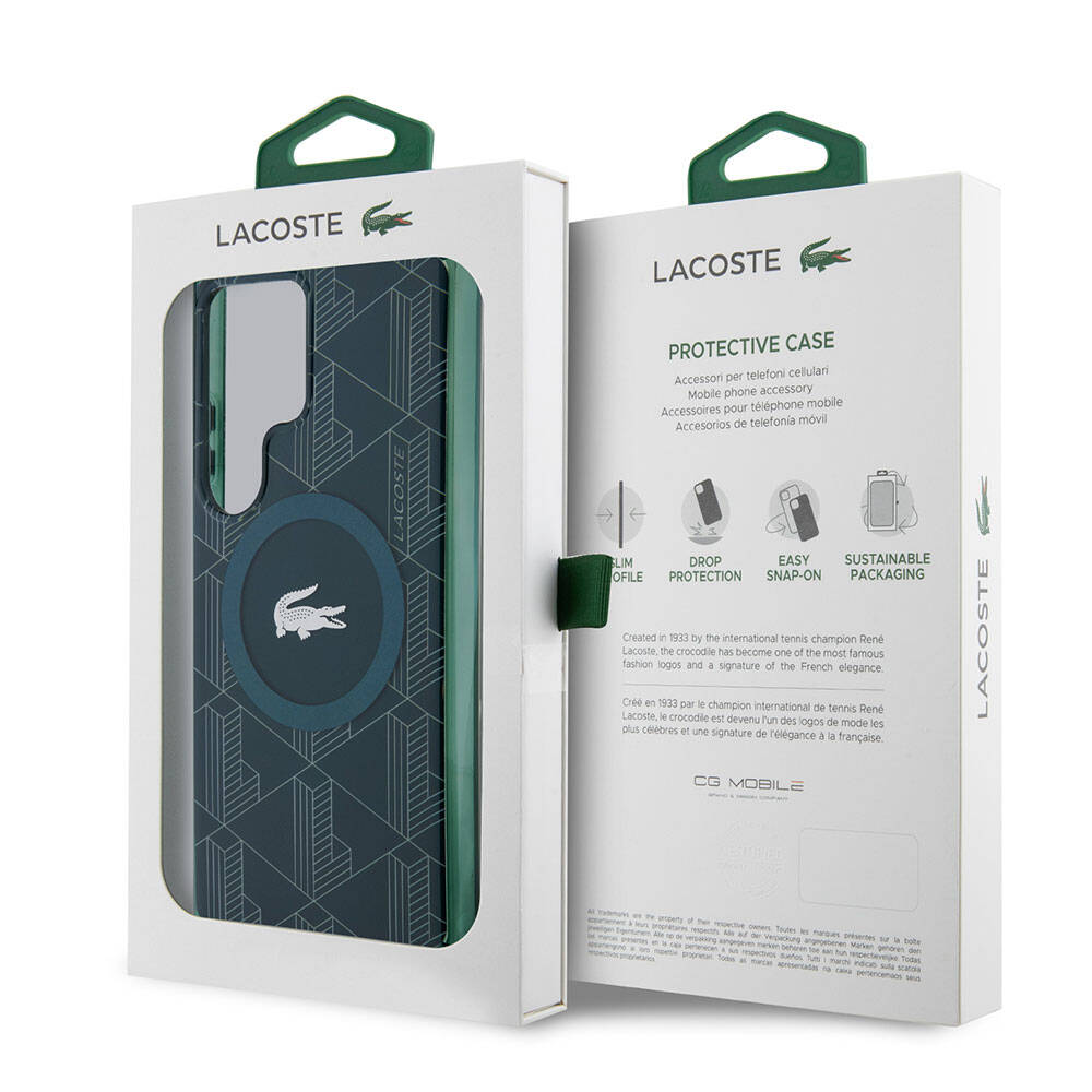 Galaxy S24 Ultra Case Lacoste Original Licensed M-Safe Charging Feature Dual Layer Crocodile Logo Blend Monogram Cover Black
