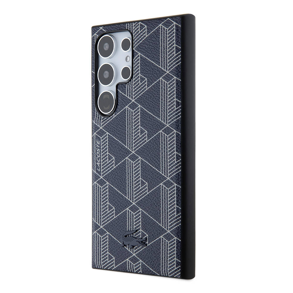 Galaxy S24 Ultra Case Lacoste Original Licensed M-Safe Charging Function PU Leather Look Mixed Monogram Patterned Cover Navy Blue