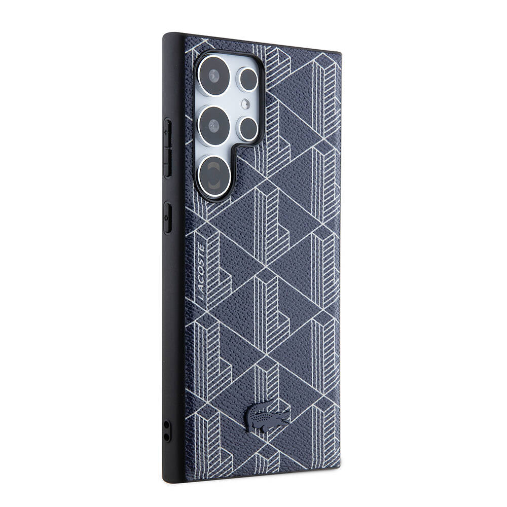 Galaxy S24 Ultra Case Lacoste Original Licensed M-Safe Charging Function PU Leather Look Mixed Monogram Pattern Cover Black