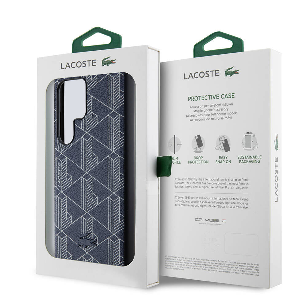 Galaxy S24 Ultra Case Lacoste Original Licensed M-Safe Charging Function PU Leather Look Mixed Monogram Pattern Cover Black