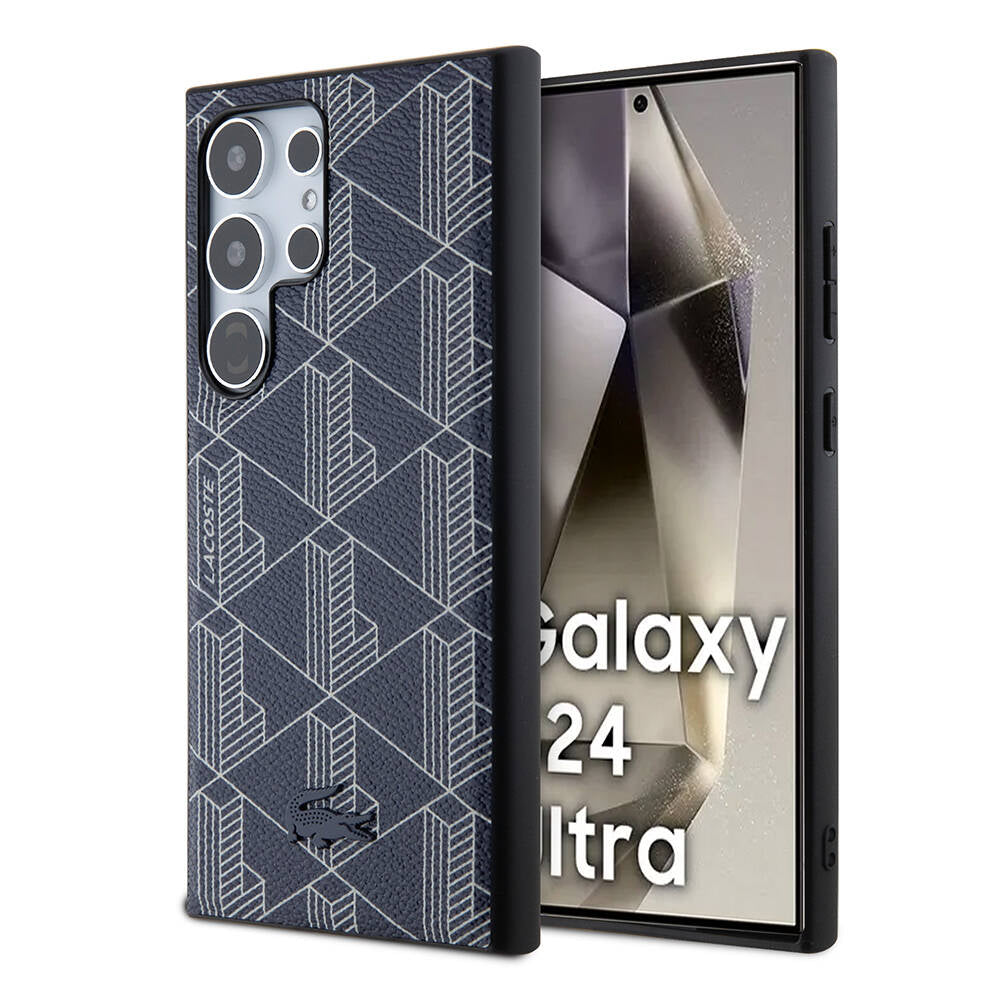 Galaxy S24 Ultra Case Lacoste Original Licensed M-Safe Charging Function PU Leather Look Mixed Monogram Patterned Cover Navy Blue
