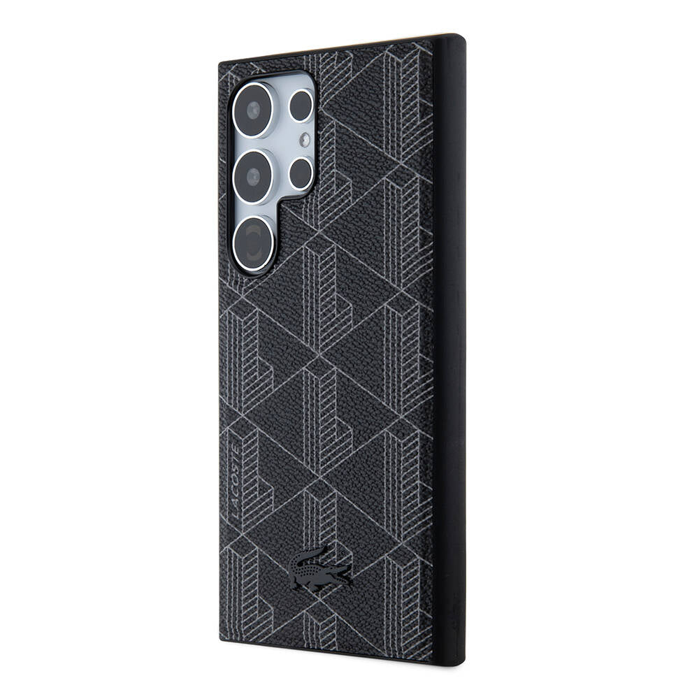 Galaxy S24 Ultra Case Lacoste Original Licensed M-Safe Charging Function PU Leather Look Mixed Monogram Pattern Cover Black
