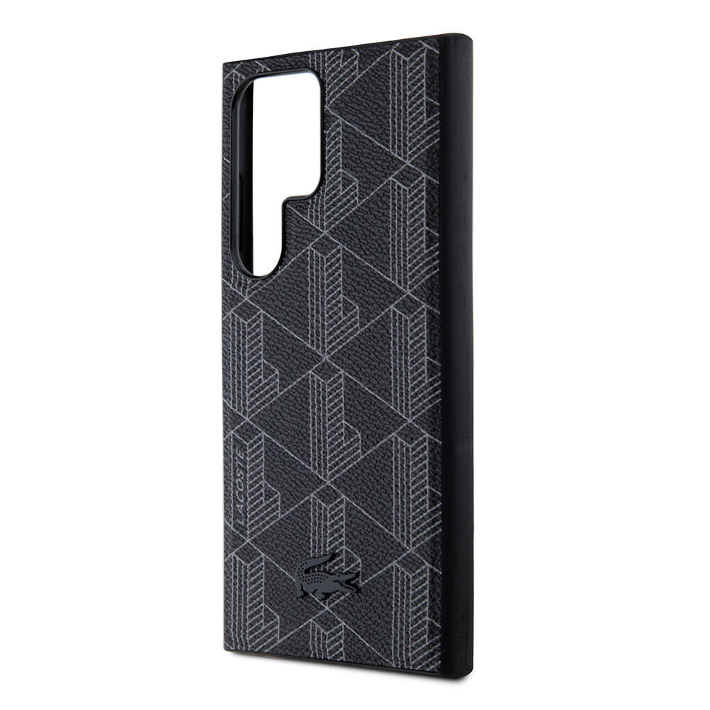 Galaxy S24 Ultra Case Lacoste Original Licensed M-Safe Charging Function PU Leather Look Mixed Monogram Pattern Cover Black