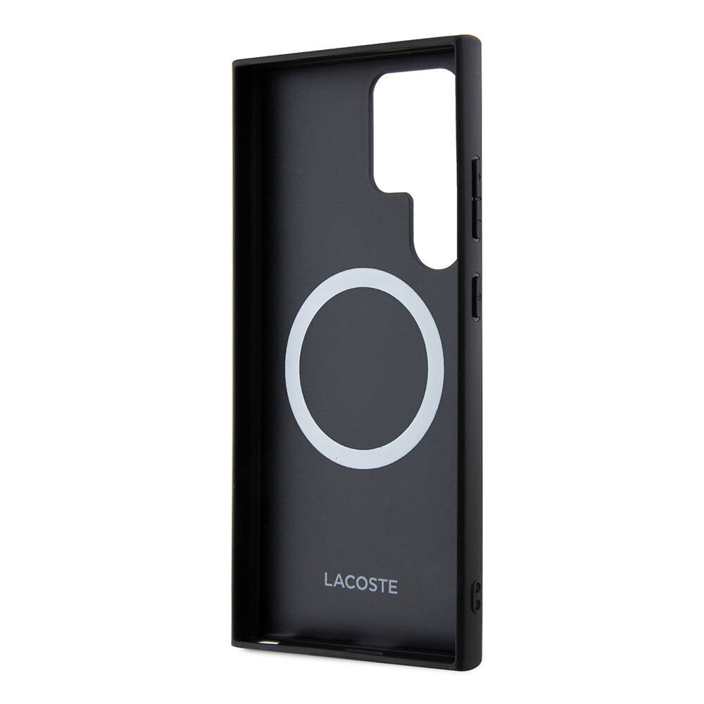 Galaxy S24 Ultra Case Lacoste Original Licensed M-Safe Charging Function PU Leather Look Mixed Monogram Pattern Cover Black