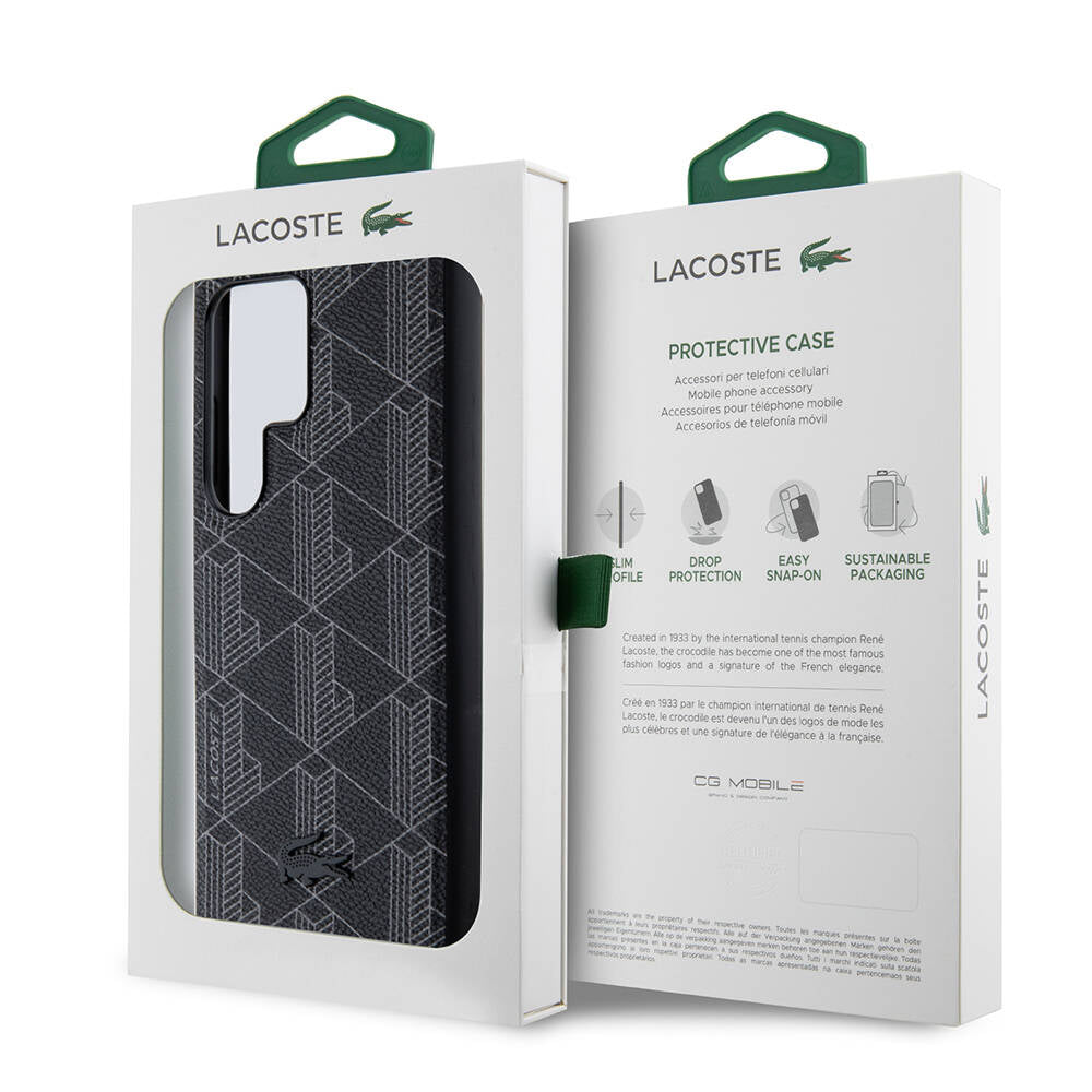 Galaxy S24 Ultra Case Lacoste Original Licensed M-Safe Charging Function PU Leather Look Mixed Monogram Pattern Cover Black