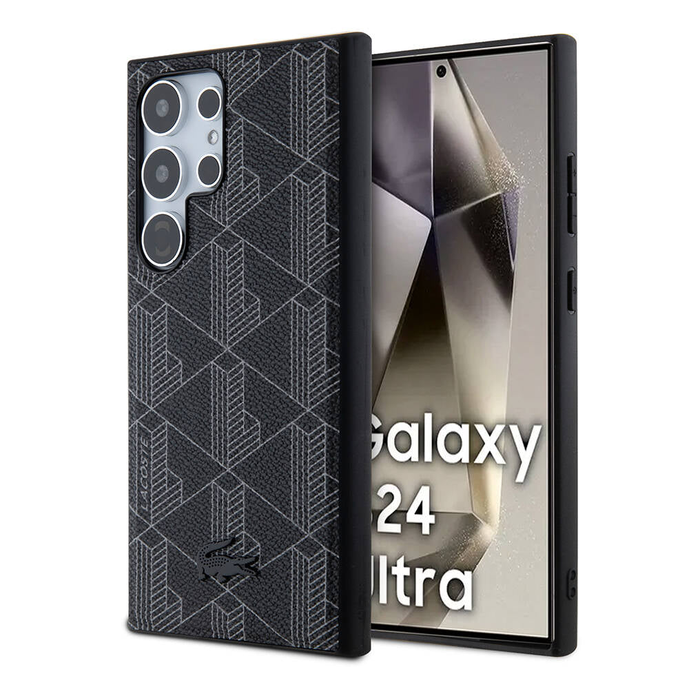 Galaxy S24 Ultra Case Lacoste Original Licensed M-Safe Charging Function PU Leather Look Mixed Monogram Pattern Cover Black