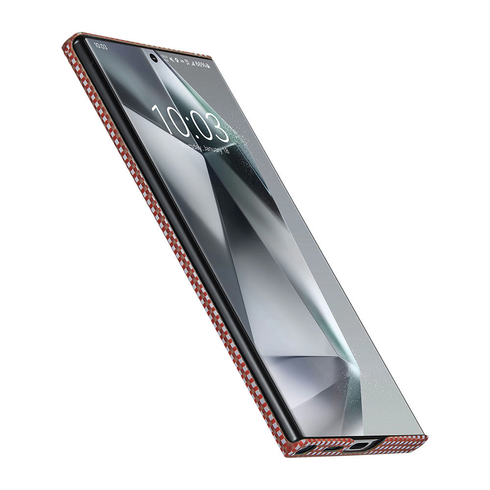 Galaxy S24 Ultra Kılıf M-safe Şarj Özellikli 1500D Aramid Fiber Pitaka Ultra-Slim Classic Serisi Bonfire Kapak Kırmızı