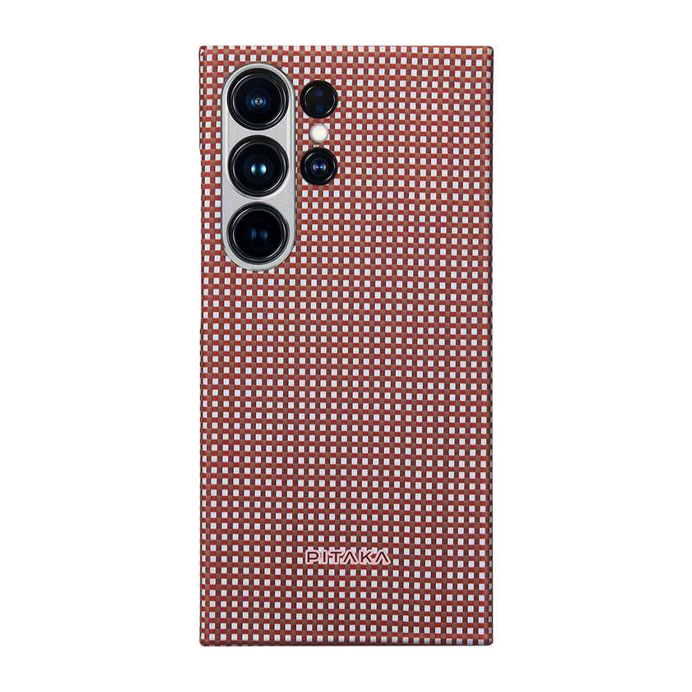 Galaxy S24 Ultra Kılıf M-safe Şarj Özellikli 1500D Aramid Fiber Pitaka Ultra-Slim Classic Serisi Bonfire Kapak Kırmızı