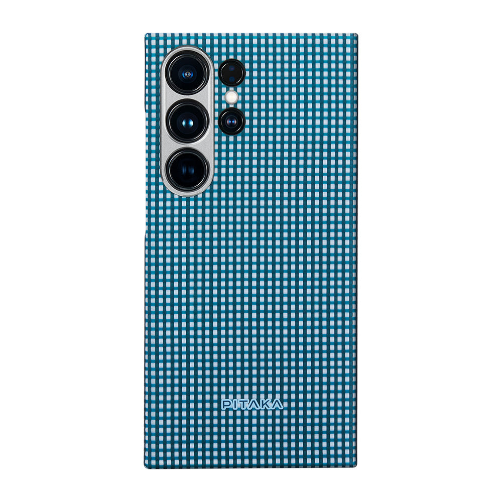 Galaxy S24 Ultra Kılıf M-safe Şarj Özellikli 1500D Aramid Fiber Pitaka Ultra-Slim Classic Serisi Ice Sea Kapak Mavi
